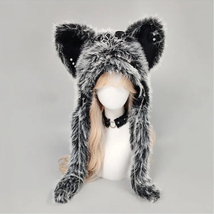 Y2K Gothic Punk Cat Ear Hat with Cross Wing Chain Decoration Plush Warm Winter Subculture Goth Rock Musi Cap Bombero Gorro Ruso