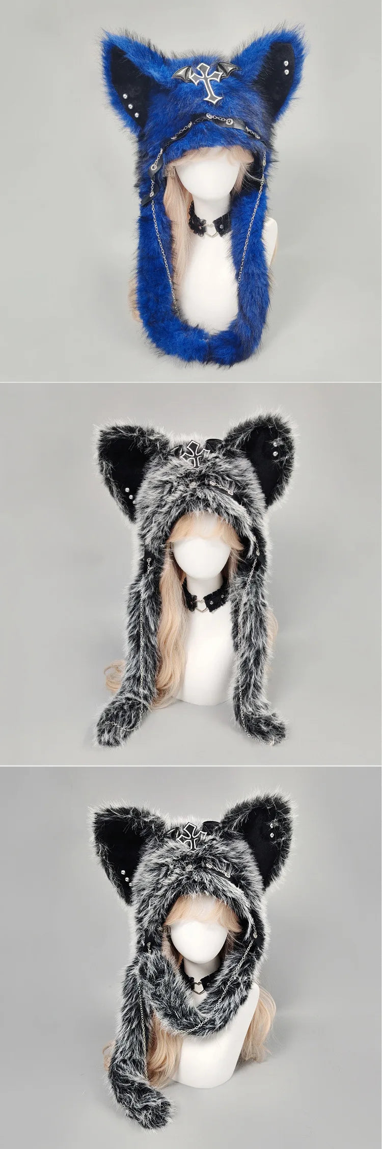 Y2K Gothic Punk Cat Ear Hat with Cross Wing Chain Decoration Plush Warm Winter Subculture Goth Rock Musi Cap Bombero Gorro Ruso