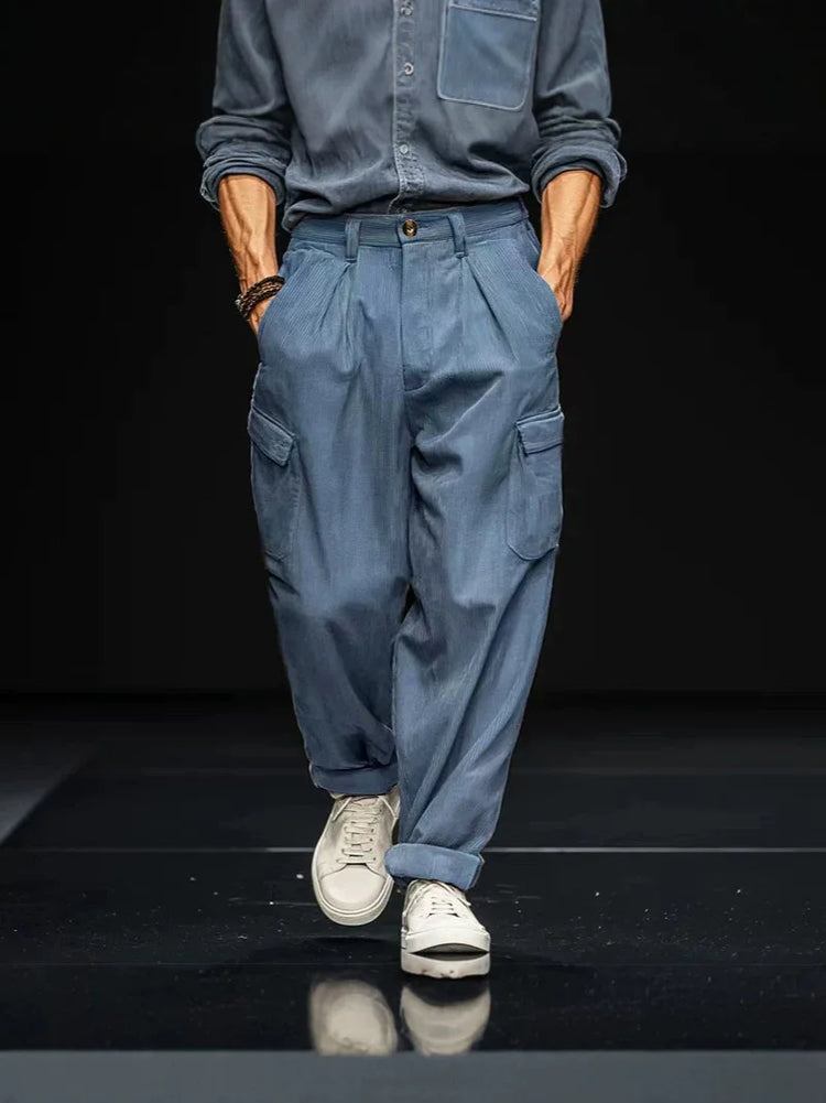 Men's Wide Leg Cargo Pants, Pleated Trousers, Multi‑Pocket Solid Brown Loose Fit Work Pants For Men Work Or Casual Daily Wear