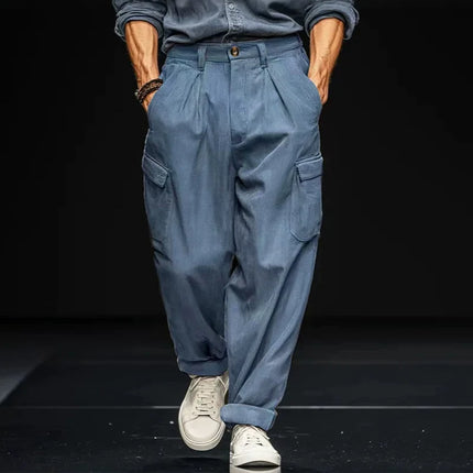 Men's Wide Leg Cargo Pants, Pleated Trousers, Multi‑Pocket Solid Brown Loose Fit Work Pants For Men Work Or Casual Daily Wear