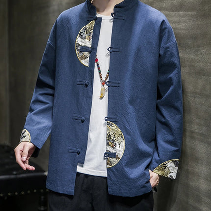 Camicie da uomo ricamate 2026 primavera stile cinese retrò colletto alla coreana giacca in cotone e lino cardigan da uomo Kungfu allentato casual Top