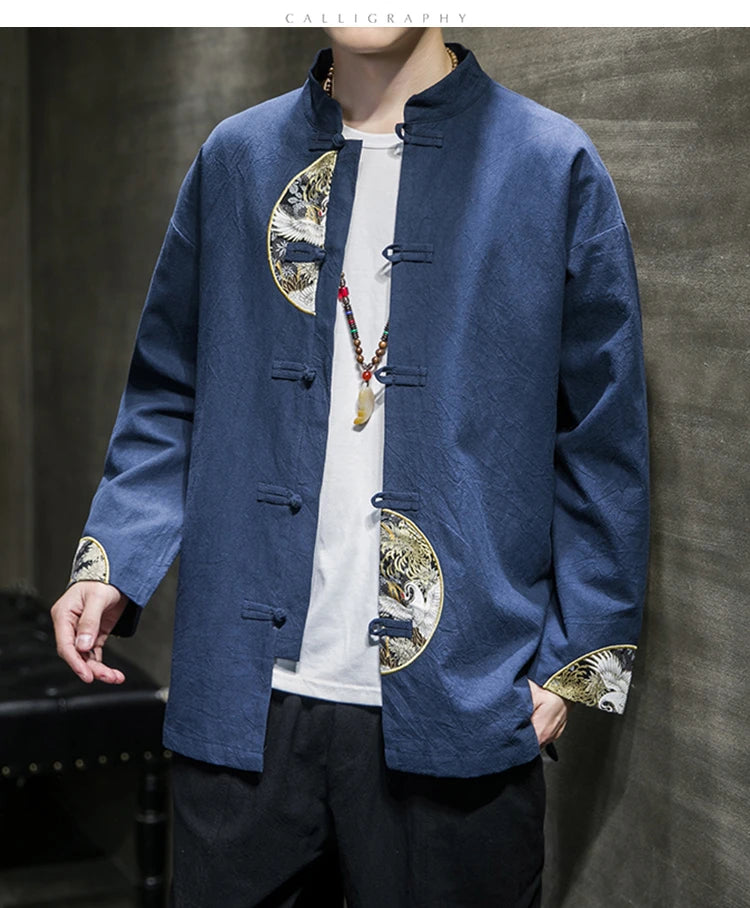 Camicie da uomo ricamate 2026 primavera stile cinese retrò colletto alla coreana giacca in cotone e lino cardigan da uomo Kungfu allentato casual Top