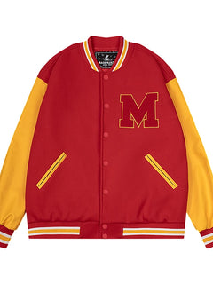 Mens M Letter Varsity Jacket Vintage Faux Leather Sleeve Baseball Letterman Coat Red & Yellow Streetwear for Casual Wear