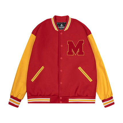 Mens M Letter Varsity Jacket Vintage Faux Leather Sleeve Baseball Letterman Coat Red & Yellow Streetwear for Casual Wear