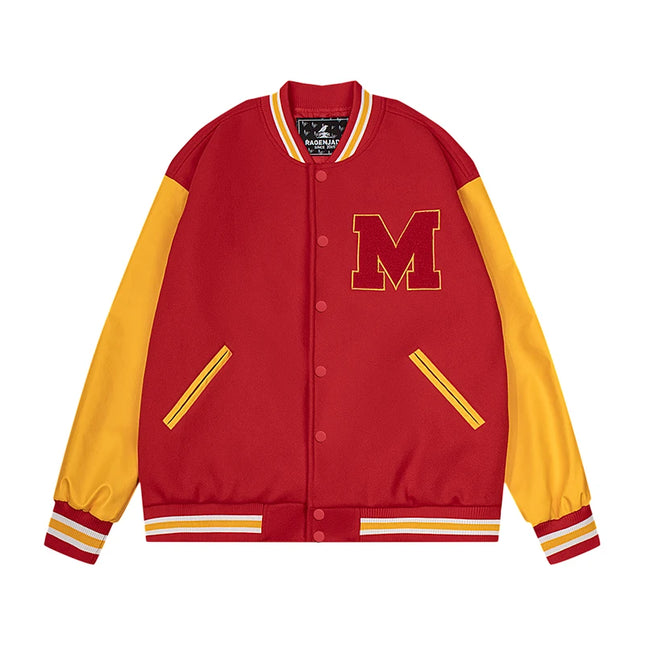 Mens M Letter Varsity Jacket Vintage Faux Leather Sleeve Baseball Letterman Coat Red & Yellow Streetwear for Casual Wear
