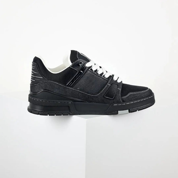 Unisex Black Denim Skate Sneakers, White Contrast Stitching Lace Up Thick Platform Street Board Shoes