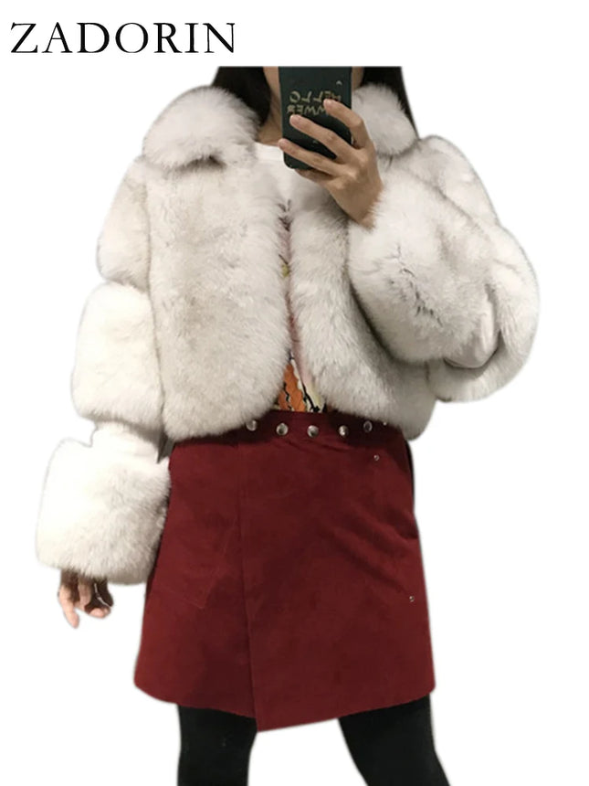 ZADORIN Winter Cropped Jacket Women Turn Down Collar Furry Faux Fox Fur Coat Woman Long Sleeve Thick Warm Fluffy Fur Jacket Tops