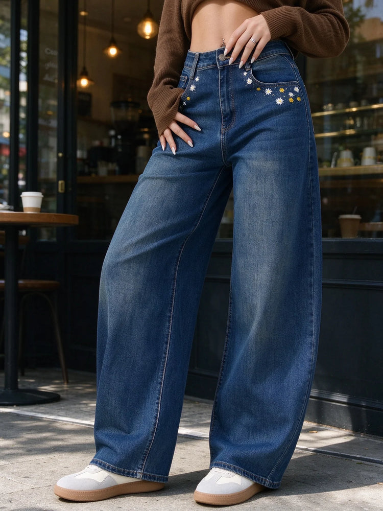 Women’s High-Waisted, Wide-Leg Jeans with Daisy Embroidery on the Pockets, Vintage Blue Denim with Faded Wash, Soft Casual Trousers for Everyday Wear  JF-593