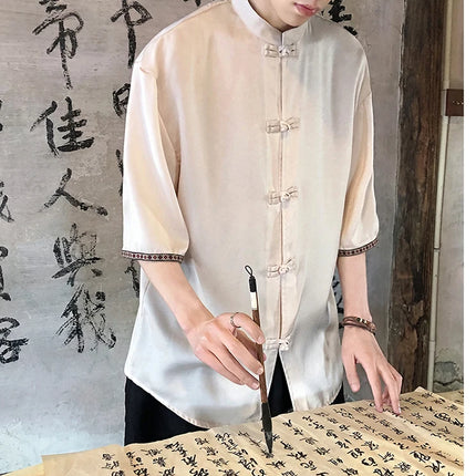 Camicie retrò da uomo, estive, eleganti, larghe, casual, leggere, sottili, traspiranti, in stile cinese, vintage, con calligrafia tradizionale.