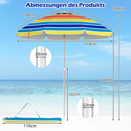 Ombrellone da spiaggia, 178 cm, antivento, stabile, UPF 50+, 30 °   Protezione solare pieghevole con punta a terra e borsa per il trasporto (colorata)