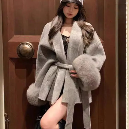 Coats for Women Autumn Winter New Elegant Long Sleeves V Neck Lace Up Woolen Coat Korean Fashion Casual Loose Street Trends Coat