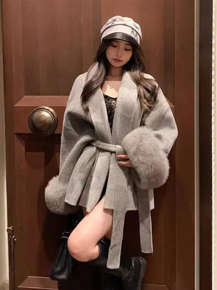 Coats for Women Autumn Winter New Elegant Long Sleeves V Neck Lace Up Woolen Coat Korean Fashion Casual Loose Street Trends Coat