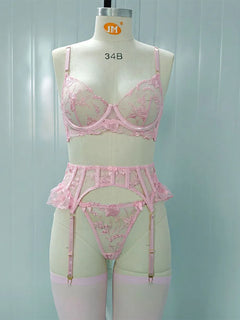 Sexy Lingeries Floral Embroidery Bow Lace Bra Garter Panty Set See Through Sheer Erotic Costumes Woman Underwear 4-piece Sets