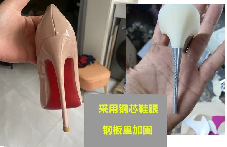 2025 new rivet high heels for women, 12CM pointed shallow mouth single shoes, socialite banquet shoes