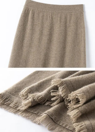 Women Cashmere A-Line Tassel Skirt High Waist Office Lady Retro Autumn Winter 100% Cashmere Knitwear Graceful Regular Fit Dress