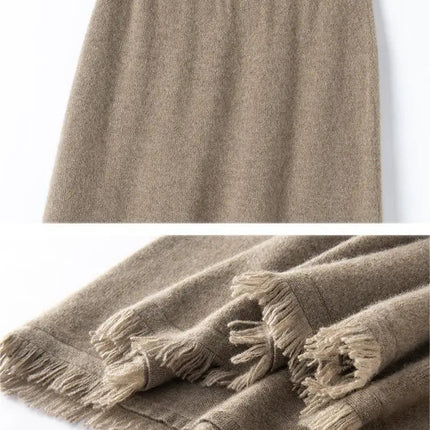 Women Cashmere A-Line Tassel Skirt High Waist Office Lady Retro Autumn Winter 100% Cashmere Knitwear Graceful Regular Fit Dress PlatiNum