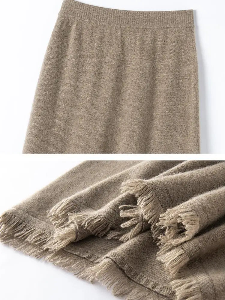 Women Cashmere A-Line Tassel Skirt High Waist Office Lady Retro Autumn Winter 100% Cashmere Knitwear Graceful Regular Fit Dress PlatiNum