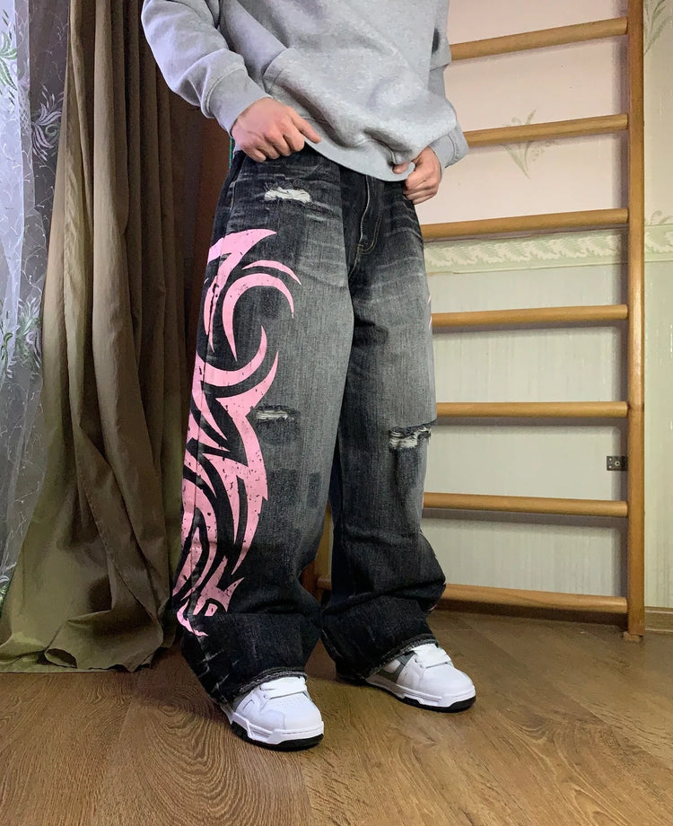 Y2K Jeans larghi con stampa totem screziati vintage americano Jeans da donna a vita alta a gamba larga Jeans hip-hop alla moda da donna