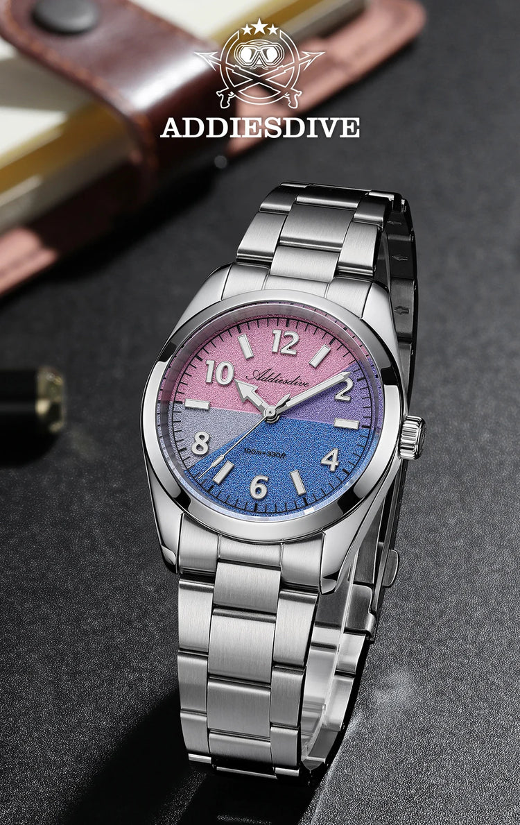 ADDIESDIVE Watch Men 2026 New 36mm Quartz Wristwatch AD2555 Sapphire 100m Waterproof BGW9 Luminous 316L Stainless Steel Watches