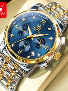 OLEVS 2858 Orologio da Uomo in Acciaio Inossidabile, Impermeabile, Antigraffio, con Fasi Lunari, Luminoso, Cronografo, Orologio da Polso al Quarzo di Lusso