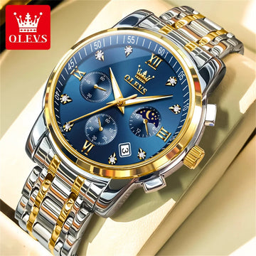 OLEVS 2858 Orologio da Uomo in Acciaio Inossidabile, Impermeabile, Antigraffio, con Fasi Lunari, Luminoso, Cronografo, Orologio da Polso al Quarzo di Lusso platinumshop