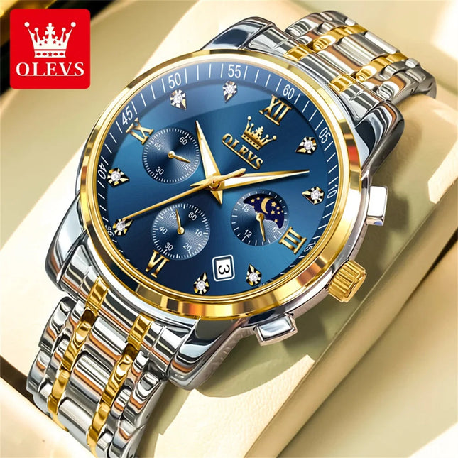 OLEVS 2858 Orologio da Uomo in Acciaio Inossidabile, Impermeabile, Antigraffio, con Fasi Lunari, Luminoso, Cronografo, Orologio da Polso al Quarzo di Lusso platinumshop