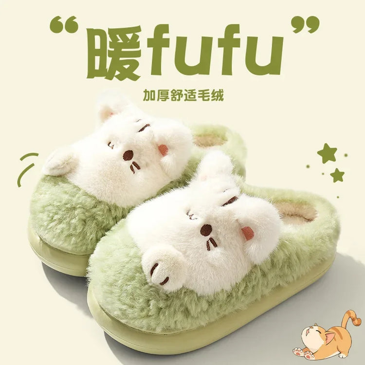 Women's Cute Cat Plush Cotton Slippers Autumn & Winter Home Anti Slip Thick Bottom Cotton Slippers Soft and Warm Indoor Slippers