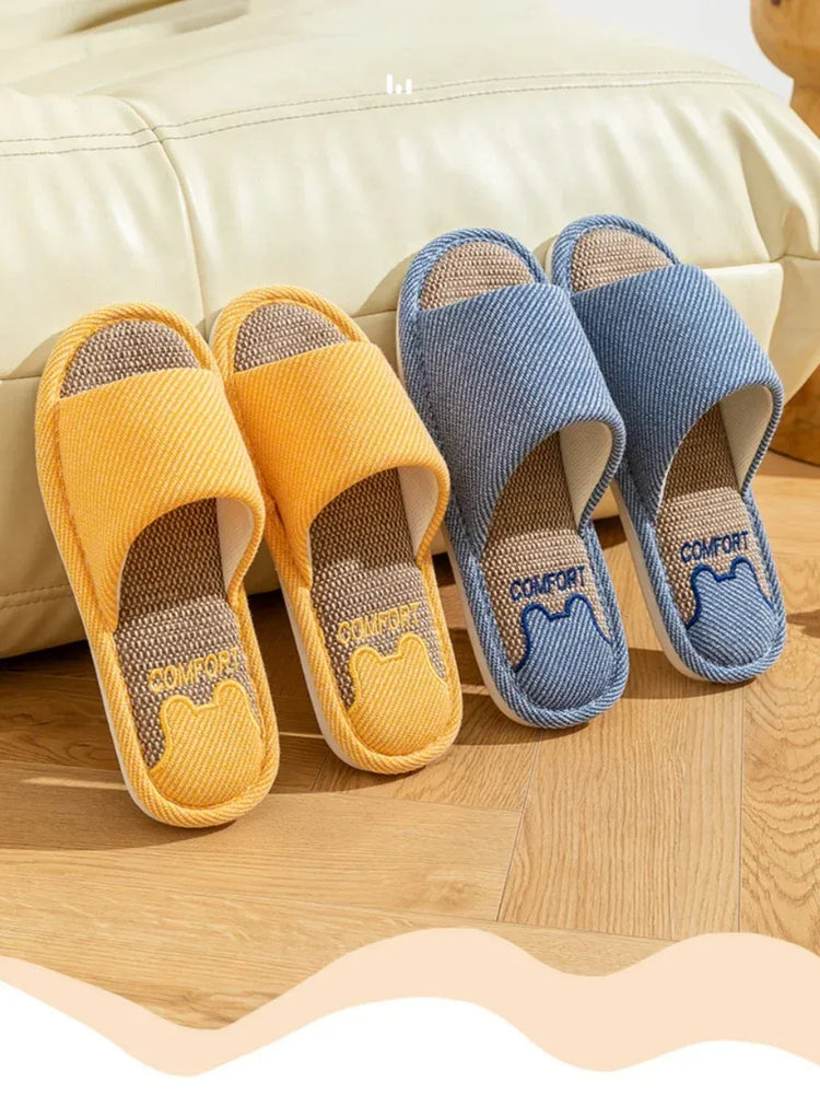 Pantofole in lino per la casa per coppie quattro stagioni Pantofole antiscivolo da pavimento per donna Uomo Camera da letto interna Infradito a punta aperta in lino quattro stagioni