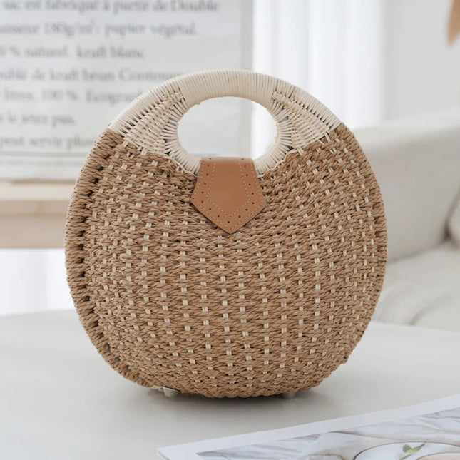 Borsa Estiva da Donna in Paglia Intrecciata Circolare, Borsa a Mano Bohemien in Rattan, Borsa Vintage per Spiaggia, Viaggi e Feste