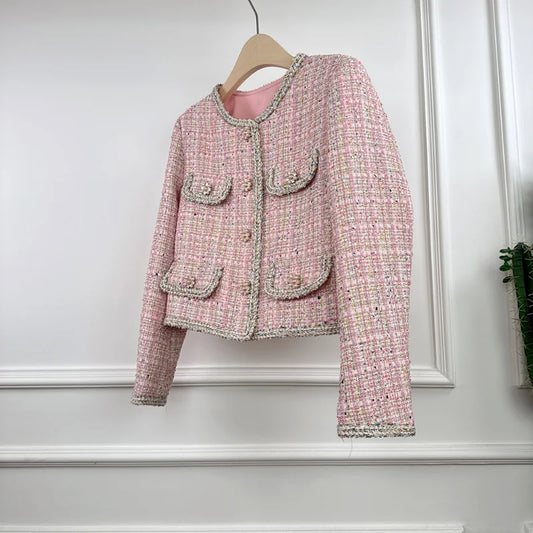 Women French Small Fragrance Pink Plaid Luxury Jacket Round Neck Fashion Sweet Casual Wild Round Neck Office Lady Tweed Coat