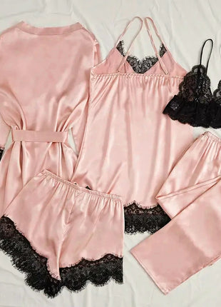 Pigiama da notte in raso da donna Set pigiama rosa Lingerie sexy Accappatoio Patchwork di pizzo Abito da notte in seta Pantaloni Indumenti da notte vestiti per la casa