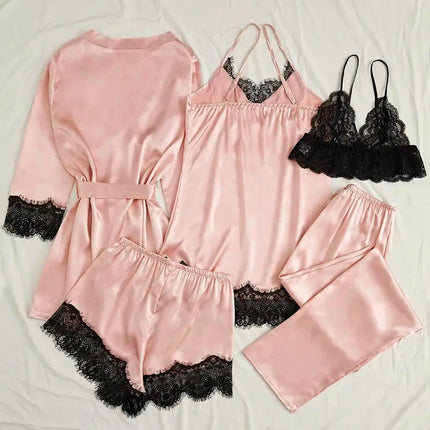 Pigiama da notte in raso da donna Set pigiama rosa Lingerie sexy Accappatoio Patchwork di pizzo Abito da notte in seta Pantaloni Indumenti da notte vestiti per la casa