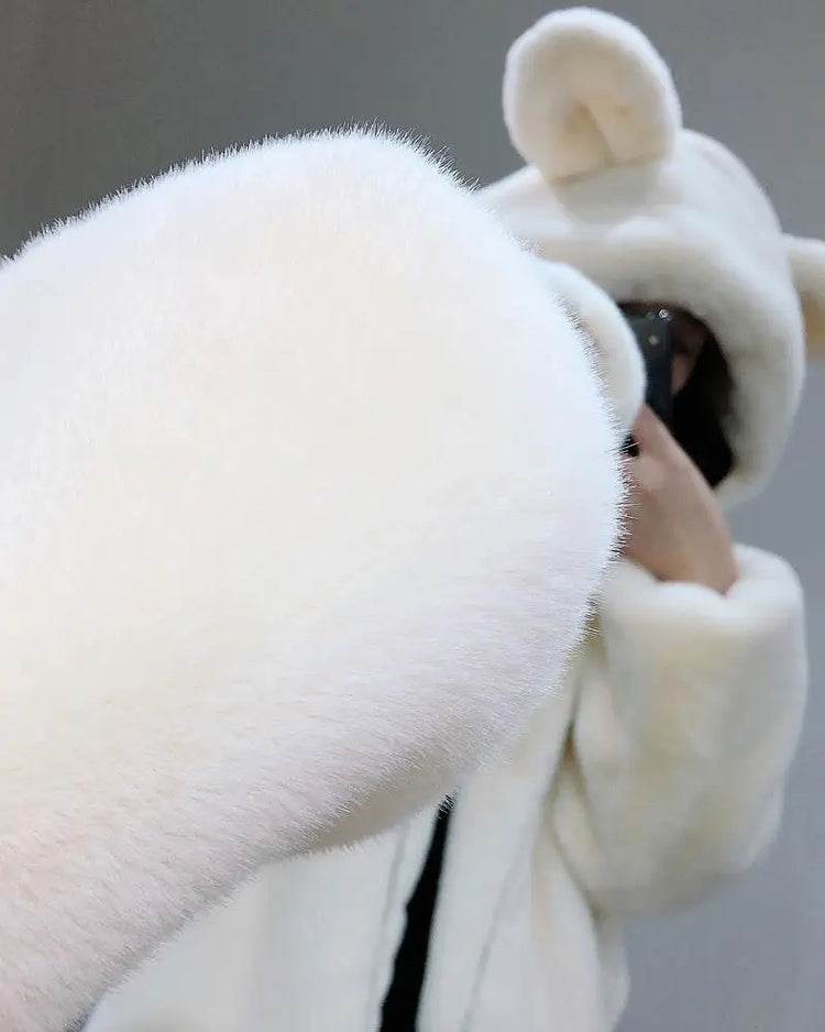 Cosy Loose Faux Fur Coat Womens Faux Fur Fuzzy Hooded Fluffy Ears Surcoat Overcoat Woman Winter Warm Outerwear Snowy Day Wrap