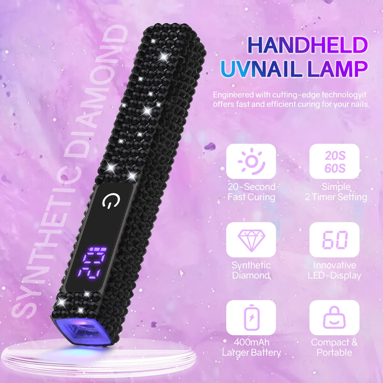 Handheld Mini  UV LED Nail Lamp With Diamonds Portable Nail Dryer Rechargeable 2-Timer Gel Curing Tool for On-the-Go Manicures