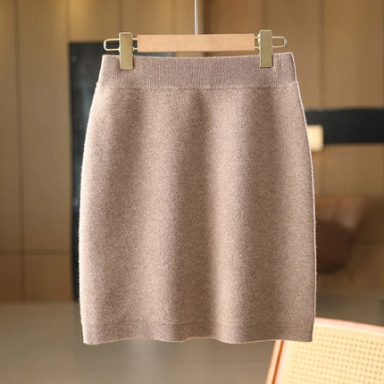 Autumn Winter Women Wool Skirt Elastic Waist Mini Slim Fit Cashmere Skirts 100% Merino Wool Knitted Office Lady Above Knee Dress PlatiNum