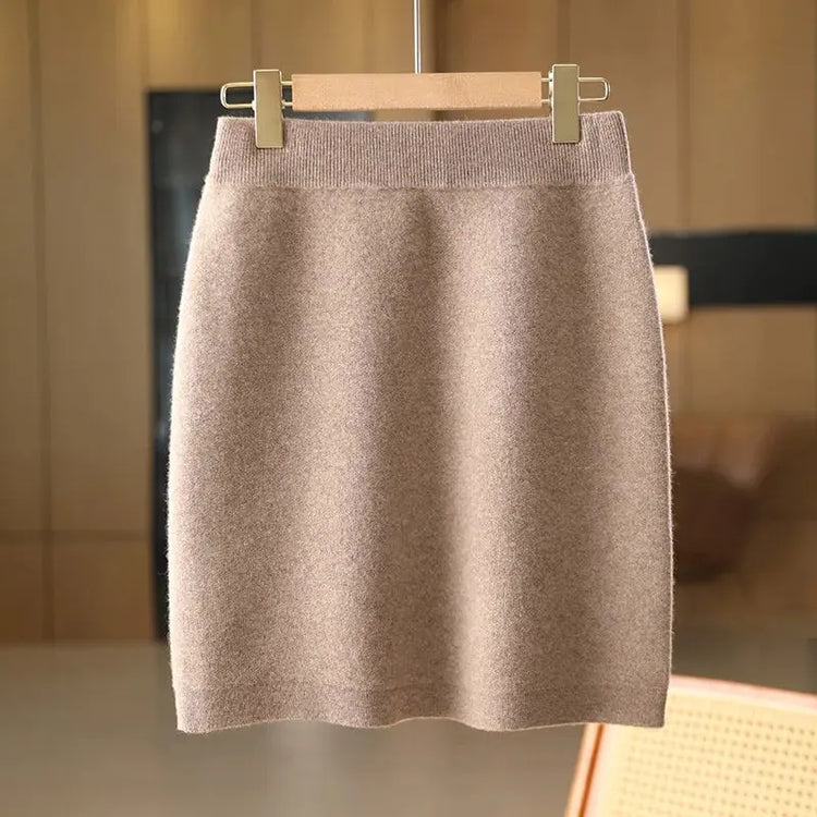Autumn Winter Women Wool Skirt Elastic Waist Mini Slim Fit Cashmere Skirts 100% Merino Wool Knitted Office Lady Above Knee Dress PlatiNum