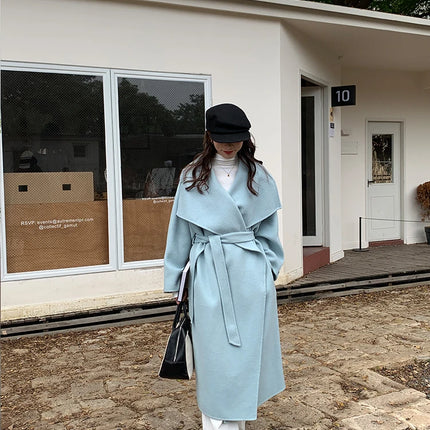 High-end Women Double-sided Wool Long Coat Warm Baby Blue Lapel Loose Double Breasted Wool Coat Female Fashion Autumn Winter