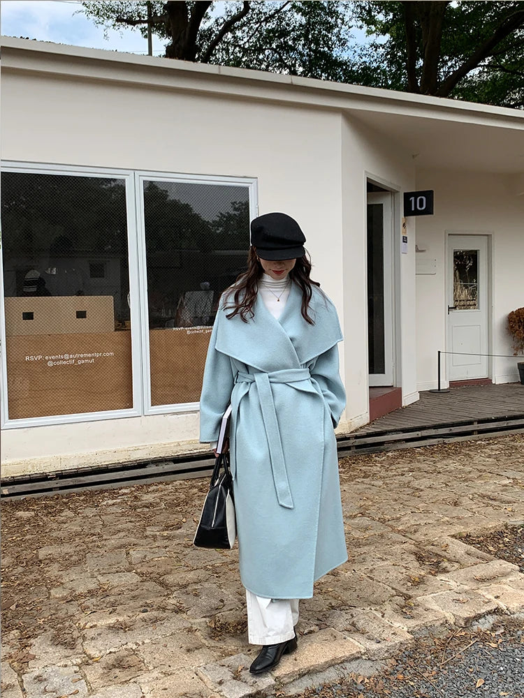 High-end Women Double-sided Wool Long Coat Warm Baby Blue Lapel Loose Double Breasted Wool Coat Female Fashion Autumn Winter