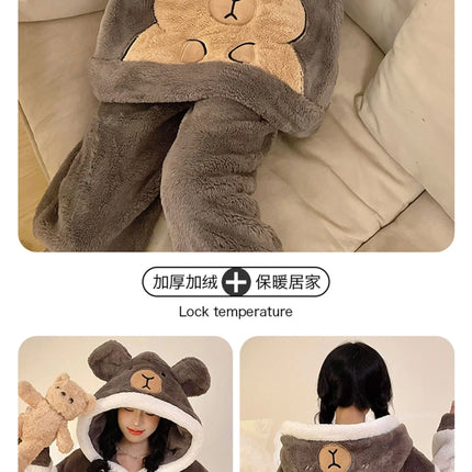 Winter New Women's Warm Pajamas Cartoon Hooded Sleepwear Suit Women's Coral Fleece Pyjamas Set Thickened Thermal Homewear M-4XL