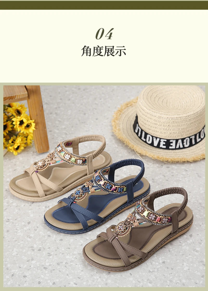Summer 2025 Pomesian Rhinestones Comfortable And Casual Beach Flat Sandals For Women Ethnic Style Leisure Comfortable And Simple