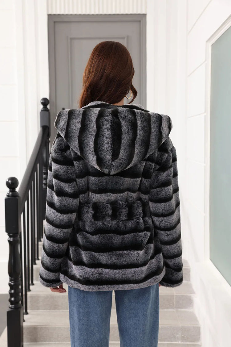 ZADORIN New Stripes Winter Fur Coats Woman Mid Long Hooded Warm Loose Faux Fur Coat For Woman Elegant Belted Fluffy Fur Jacket