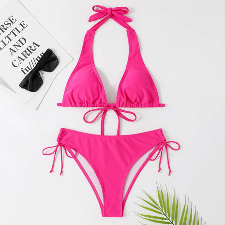 Costume da bagno bikini sexy con laccetti al collo a vita bassa nero/rosso/rosa, due pezzi, stile brasiliano, in saldo platinumshop