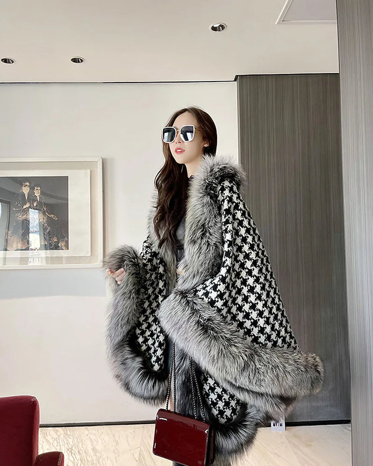 ZADORIN Autumn Winter Luxury Faux Fur Coat Women Elegant Houndstooth Tweed Warm Big Poncho Fur Shawl Cape Women Party Outerwear