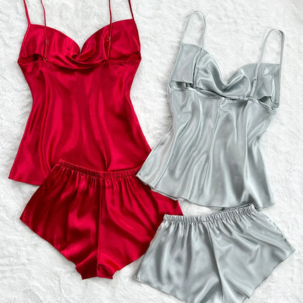 Set pigiama in raso solido Sexy da donna estivo Top e pantaloncini set di quattro pezzi morbido e confortevole