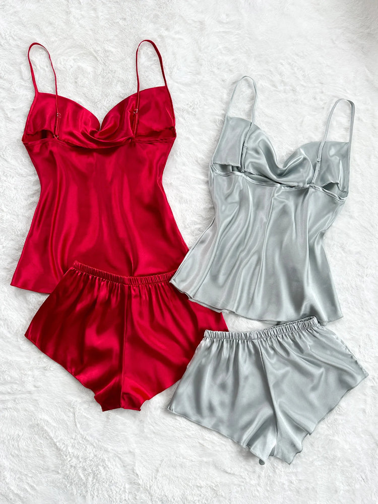 Set pigiama in raso solido Sexy da donna estivo Top e pantaloncini set di quattro pezzi morbido e confortevole