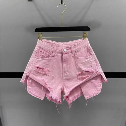 Tassel Piercing Denim Shorts for Women 2026 Summer New Style Spicy Girl High Waist Show Thin A-line Wide Leg Cowboy Short Pants PlatiNum