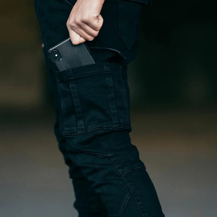 Street Elastic Jeans Men Denim Cargo Pants Wash Solid Color Multi Pockets Casual Mid Waist Trousers Slim Fit Daily Wear Joggers PlatiNum