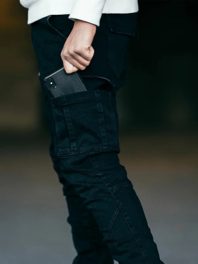 2025 New Men Street Elastic Denim Brand Jeans Narrow Legs Multi Pockets Cargo Pants Casual Slim Fit Daily Wear Joggers Mid Waist PlatiNum