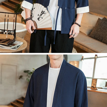 Nuova Camicia Uomo Kimono Giapponese in Cotone e Lino, T-shirt Comoda e Traspirante, Costume da Samurai Tradizionale, Camicia Casual Haori per Uomo