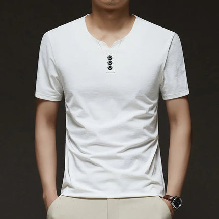 2025 New Men's Business Casual Three Button V-neck Short Sleeved T-shirt Korean Style Summer Comfortable Versatile Top PlatiNum